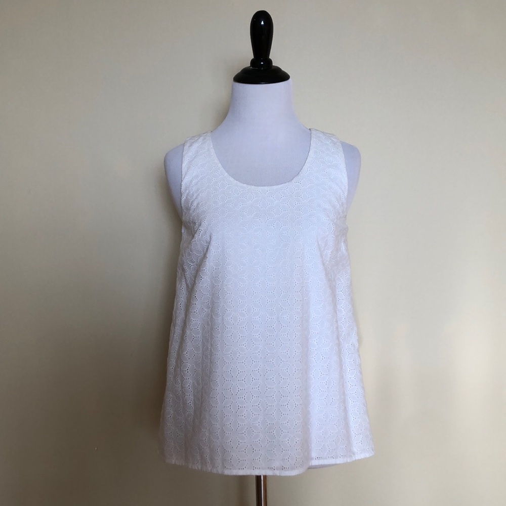 White Floral Leani Oro Sleeveless Eyelet Blouse by Theory